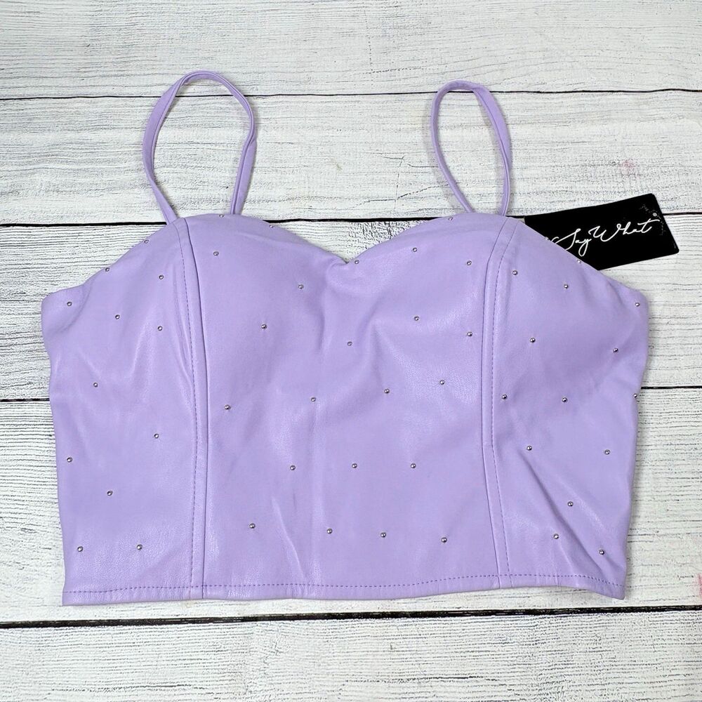 Say What Womens M Lavender Faux Leather Bustier Crop Corset Zip Back Bling Club